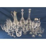 Decanters, claret jug, crystal glasses including brandy and wine glasses also some sherry glasses