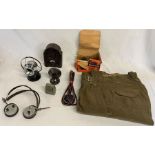 Box of 6 radio microphones, headphones and pair of army trousers
