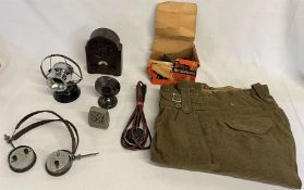 Box of 6 radio microphones, headphones and pair of army trousers