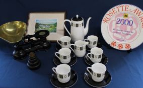 Set of Salter scales & weights with brass pan, Royal Stafford bone china "Medici" coffee set,