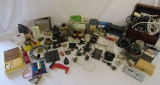 Collection of radios spares includes fuses, wire, transistors etc also retro doorbell, box of used