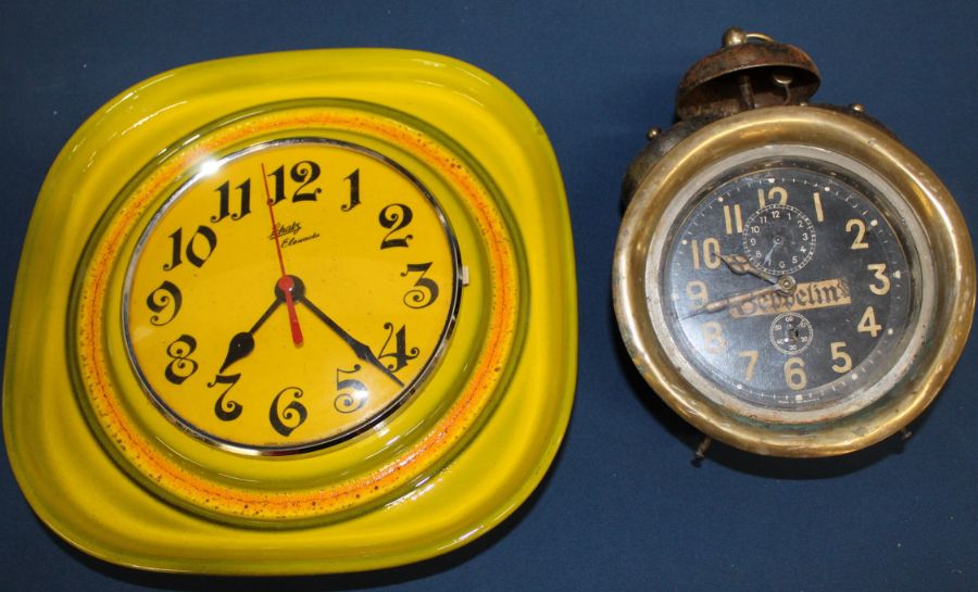 Schatz Elexacta German ceramic wall clock and Salvos alarm clock with later applied Zeppelin label