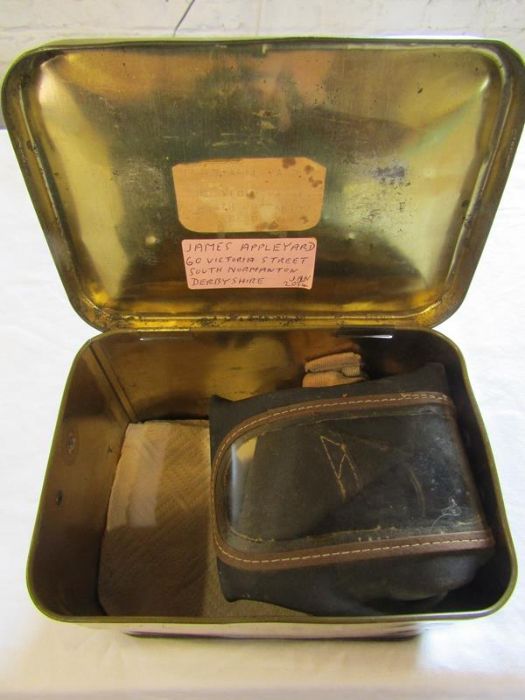 1939 WWII ARP gas rattle, WWII solider doll, gas mask in a Barringer, Wallis & Manners tin box and - Image 4 of 4