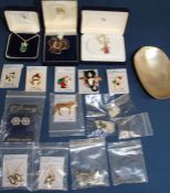 Selection of enamel pin badges, earrings, abalone costume jewellery & mother of pearl shell etc.