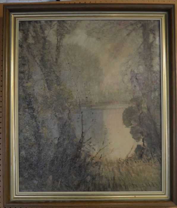 Framed large unsigned oil on canvas of a lake & woodland in the manner of Herbert Rollett (Grimsby - Image 2 of 2