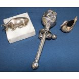 Victorian style silver plated rattle with over size Humpty Dumpty head and 3 bells, silver duck