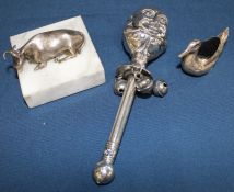 Victorian style silver plated rattle with over size Humpty Dumpty head and 3 bells, silver duck
