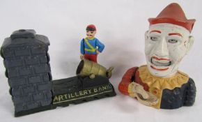 Clown and Artillery Bank coin operated cast money boxes