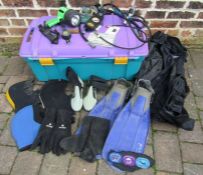 Selection of scuba diving gear includes scubapro, uk400 torch etc and storage tub