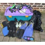 Selection of scuba diving gear includes scubapro, uk400 torch etc and storage tub