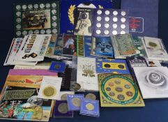 Selection of commemorative coins including £5, £2, £1, Esso World Cup Coin Collection, tea cards &