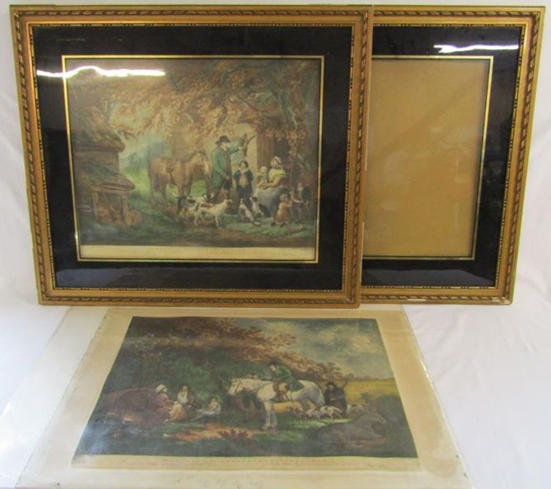 Large pair of framed George Morland prints "Evening or the Sportsman Return" and "Morning or the