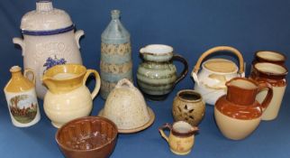 Selection of studio pottery, salt glazed jelly mould, small Denby jug, Pearson stoneware jars,