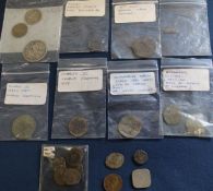 Collection of early coins including Charles II farthing, George II halfpenny, Nuremburg tokens and