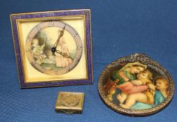 Small decorative desk clock with easel stand, Old Master miniature in ornate frame & The Laurel