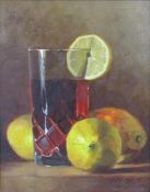 Crin Gale (B. 1947) gilt framed oil on board entitled 'Lemon Tea' depicting still life drinking