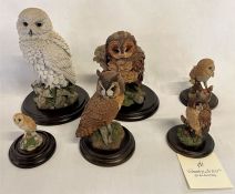 5 Country Artists Owls including 2 large and 4 small owls - "long eared owl" etc.