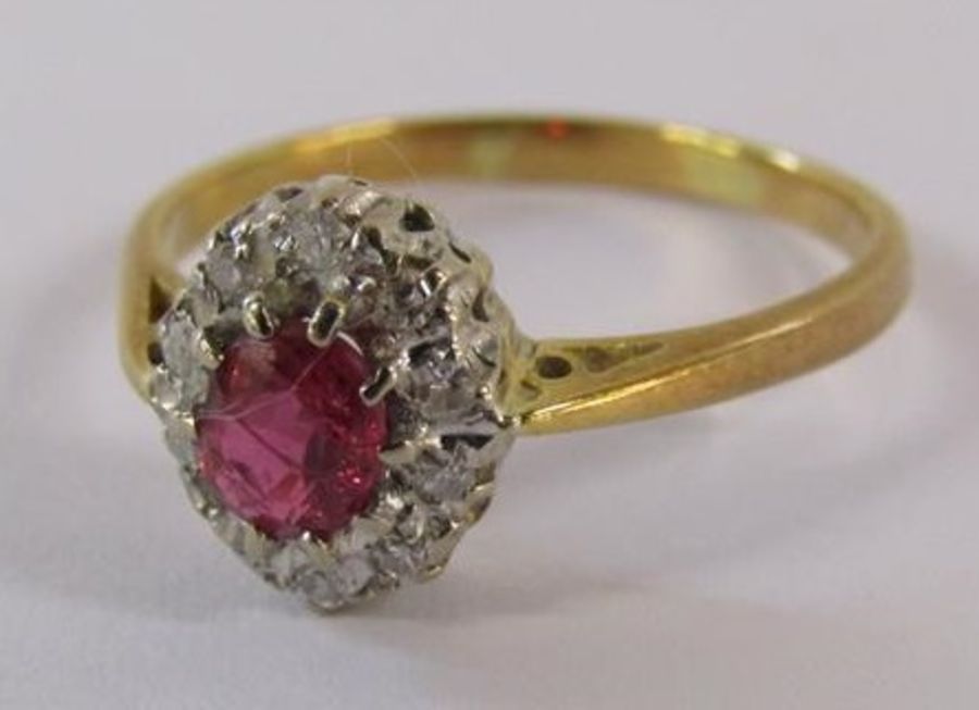 18ct gold ruby and diamond cluster ring - ring size O