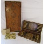 Bagatelle board, dominoes and wooden chess and backgammon box