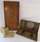 Bagatelle board, dominoes and wooden chess and backgammon box