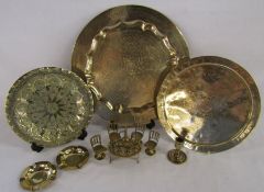 Collection of brass plates, ashtray and miniature table & Dallah set