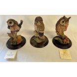 3 Large Country Artists Owls, including a "long eared owl" with damage to ears and "little owl"