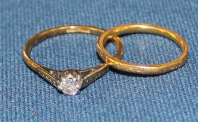 18ct gold platinum & diamond solitaire ring 1.7g size M / N & 22ct gold band 1.5g size H / G