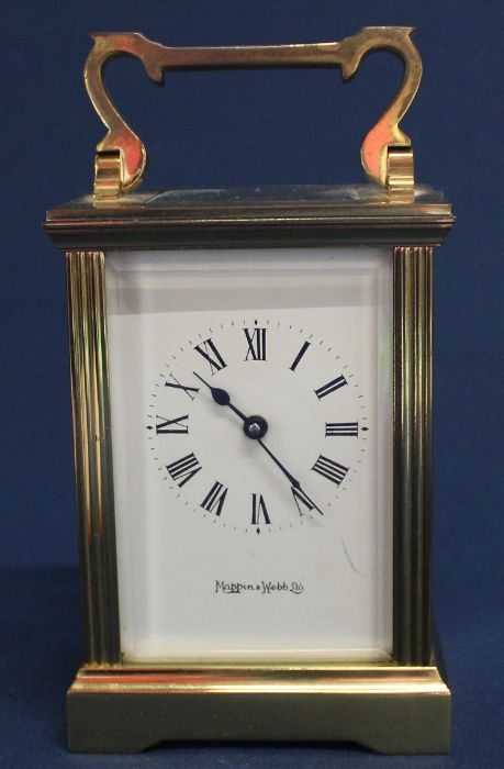 Brass carriage clock, the face marked Mappin & Webb, with key, appears to be working