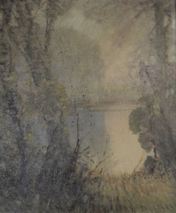 Framed large unsigned oil on canvas of a lake & woodland in the manner of Herbert Rollett (Grimsby