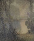 Framed large unsigned oil on canvas of a lake & woodland in the manner of Herbert Rollett (Grimsby