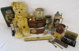 Mixed collectables includes teddy, copper candle holder, brass tankard, Rand No1 opera glasses, onyx
