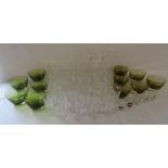 Green glass bowls, crystal and glass drinking glasses