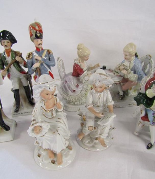 Selection of figures and figural scenes includes couple playing backgammon, French soldiers, - Image 3 of 6
