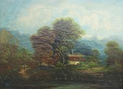 Large framed oil on canvas depicting a woodland cottage with girl walking from the river bank -