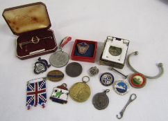 Stratton horse shoe and whip tie clip, pin badges include L.N.E.R, T.A, etc plus other items