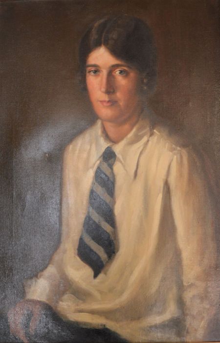 Large oil on canvas portrait of Kathleen Rollett (daughters of Herbert Rollett) attributed to