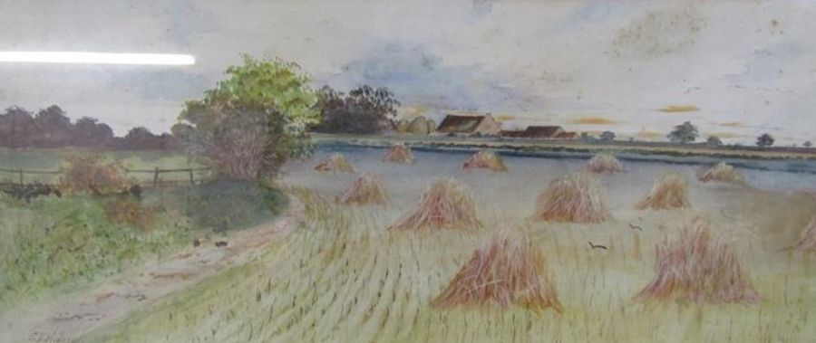 Framed watercolour depicting harvest scene and signed E.J Hodgson - approx. 79cm x 46cm