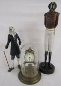 Torsion clock with glass dome (missing pendulum) and 2 quirky dog figures Spaniel in gentleman's