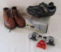 Shimano bike shoes with cleats size 44 (UK 9.5) and men's brown Bellissimo boots size 8 both unworn