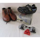 Shimano bike shoes with cleats size 44 (UK 9.5) and men's brown Bellissimo boots size 8 both unworn