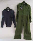 RAF men's coverall 1971 pattern olive drab size 170/100 and man's heavy jersey size 100cm