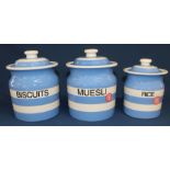 3 new T G Green Cornish Blue jars: Biscuits, Muesli & Rice (2 are Special Edition 2003)