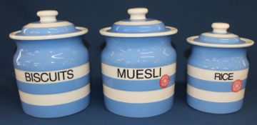 3 new T G Green Cornish Blue jars: Biscuits, Muesli & Rice (2 are Special Edition 2003)