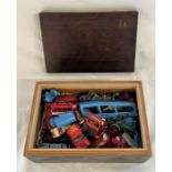 Engraved wooden box of toy cars and trains including Lesney, Dinky, Matchbox etc.