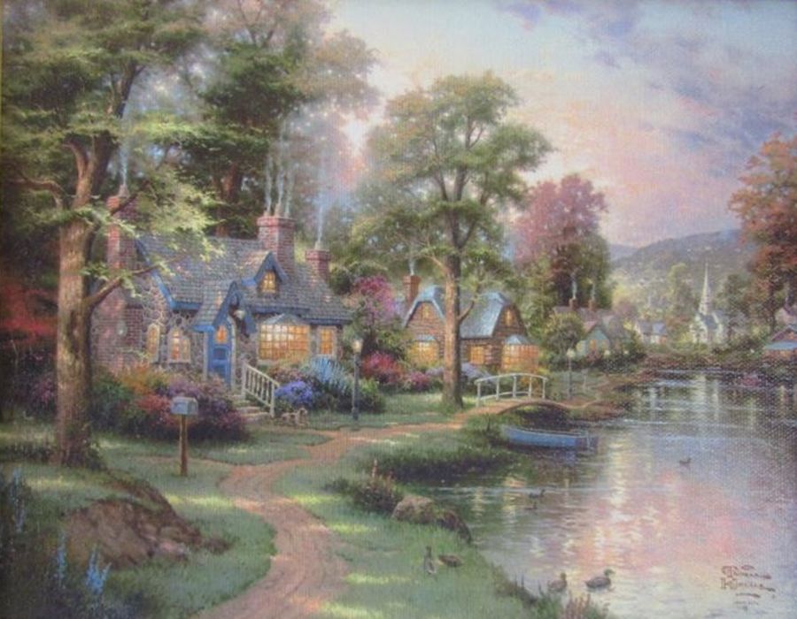 Thomas Kinkade print I2000 edition 'Hometown Lake' approx. 34.5cm x 39.5cm also Thomas Kinkade ' - Image 6 of 9