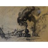 Charcoal on paper preliminary sketch of a steam locomotive for the oil painting 'The Gradient' (