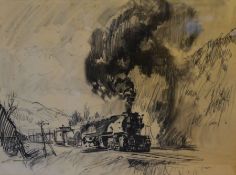 Charcoal on paper preliminary sketch of a steam locomotive for the oil painting 'The Gradient' (