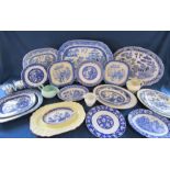 Mixed blue and white table ware including meat plates also green Poole jug