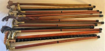 Collection of various wooden walking sticks, some with decorative brass and wooden handles