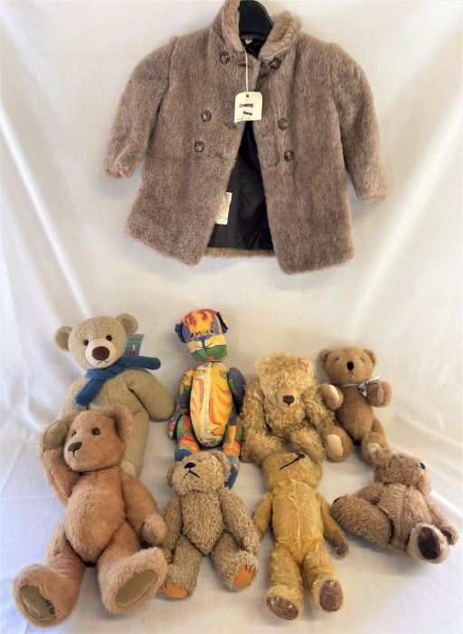 8 teddy bears (including one vintage mohair) and a child's faux fur coat